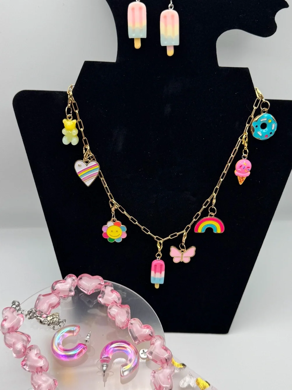 Summertime Fun! Kids Gold Charm Necklace with Pink Rainbow & Popsicle Charms